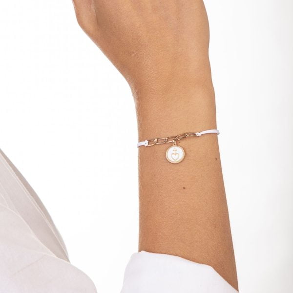 Bracciale Bianco con Croce su Cuore Dorato