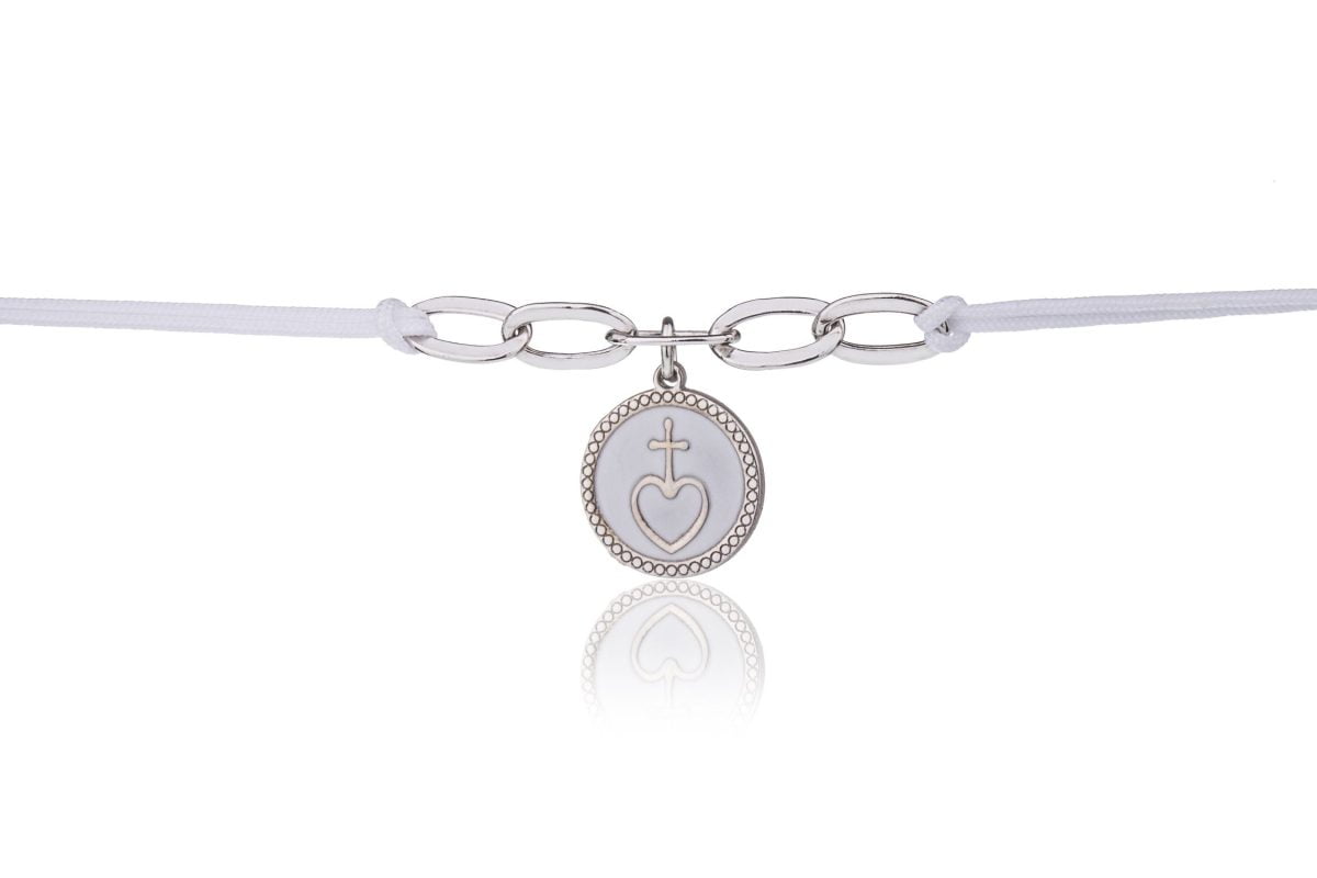 Bracciale Bianco con Croce su Cuore Rodiato