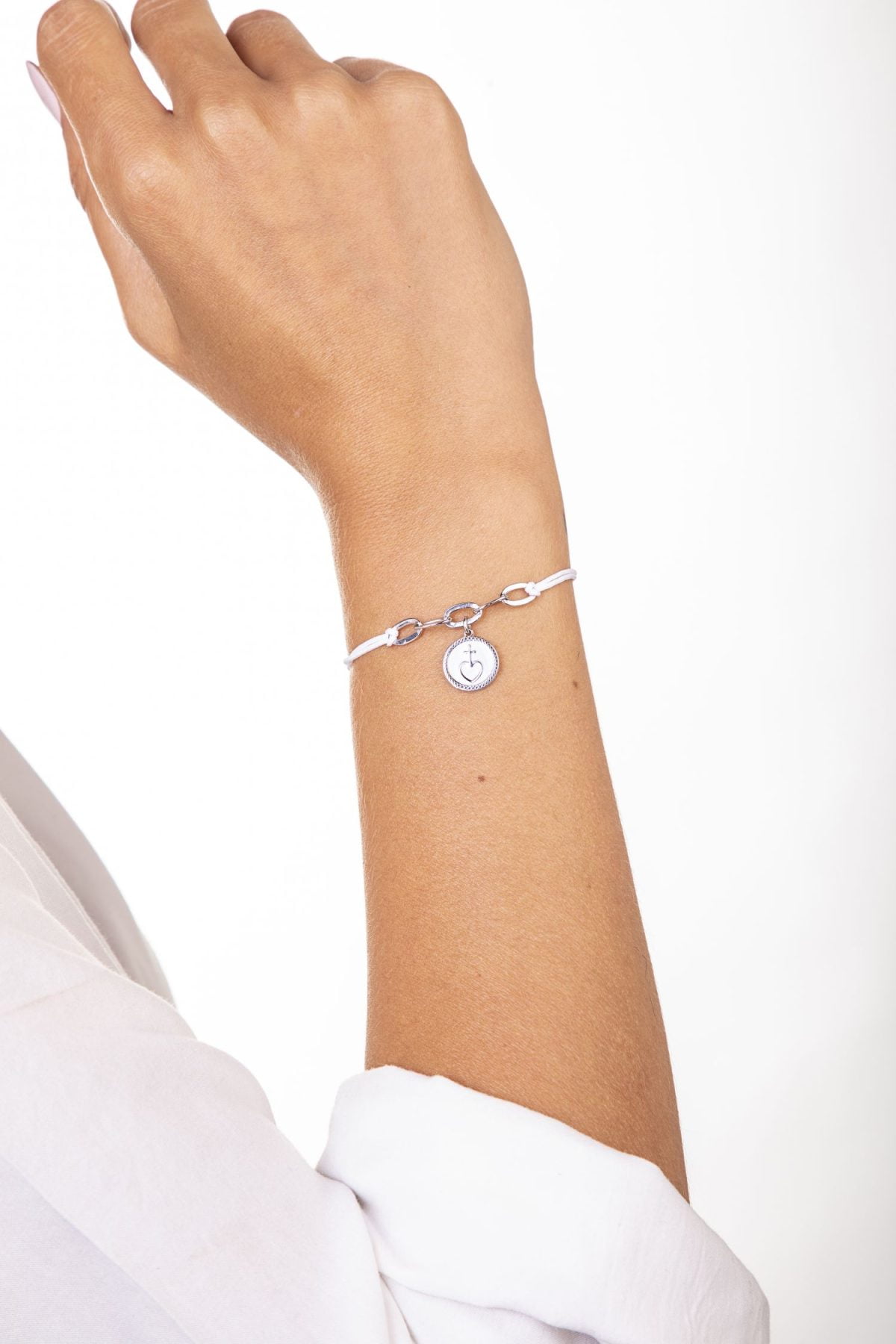 Bracciale Bianco con Croce su Cuore Rodiato