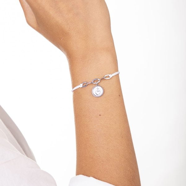 Bracciale Bianco con Croce su Cuore Rodiato