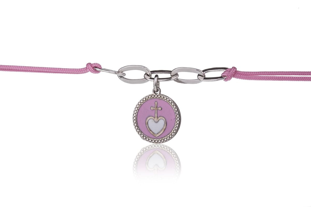 Bracciale Rosa con Croce su Cuore Rodiato