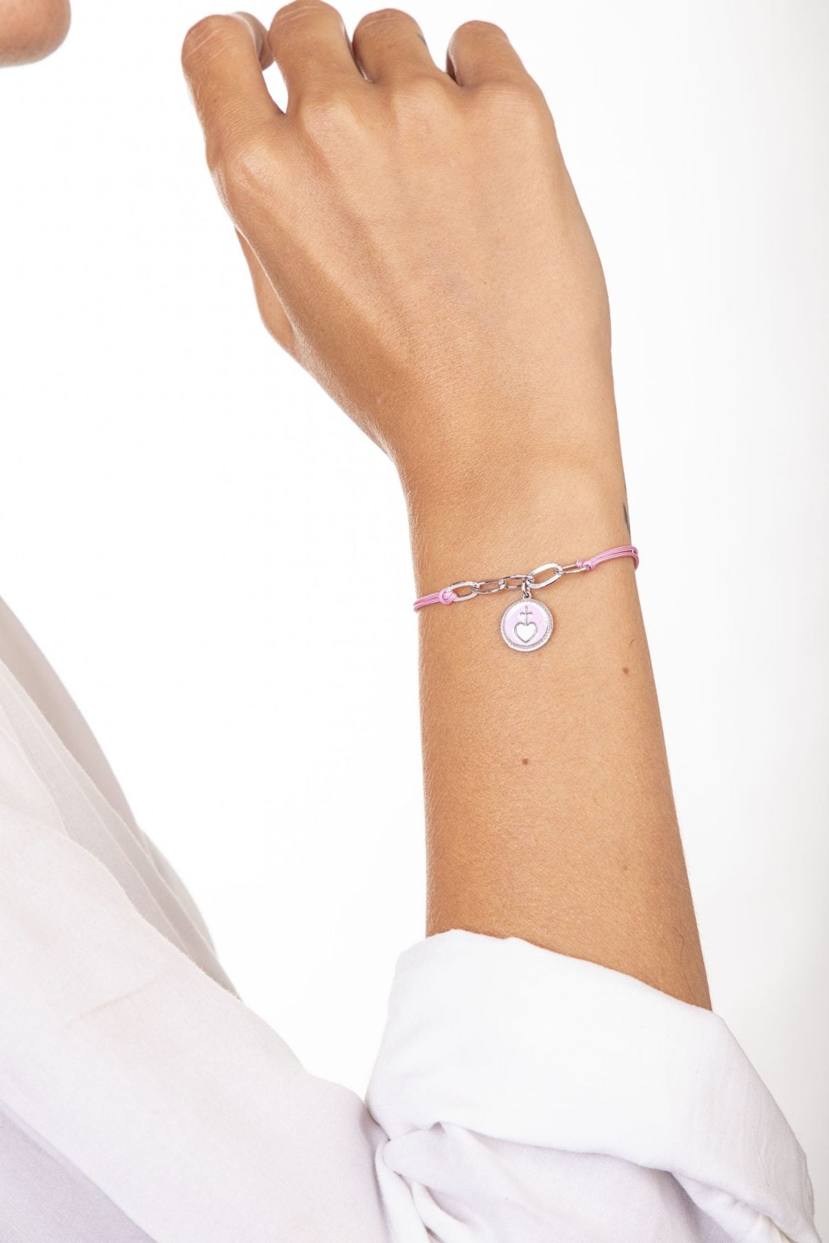 Bracciale Rosa con Croce su Cuore Rodiato