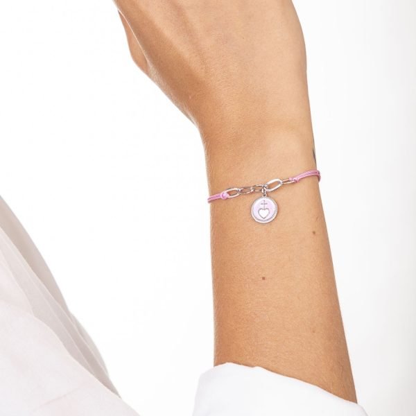 Bracciale Rosa con Croce su Cuore Rodiato