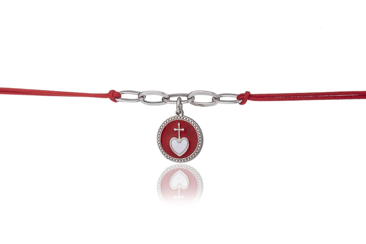 Bracciale Rosso con Croce su Cuore Rodiato