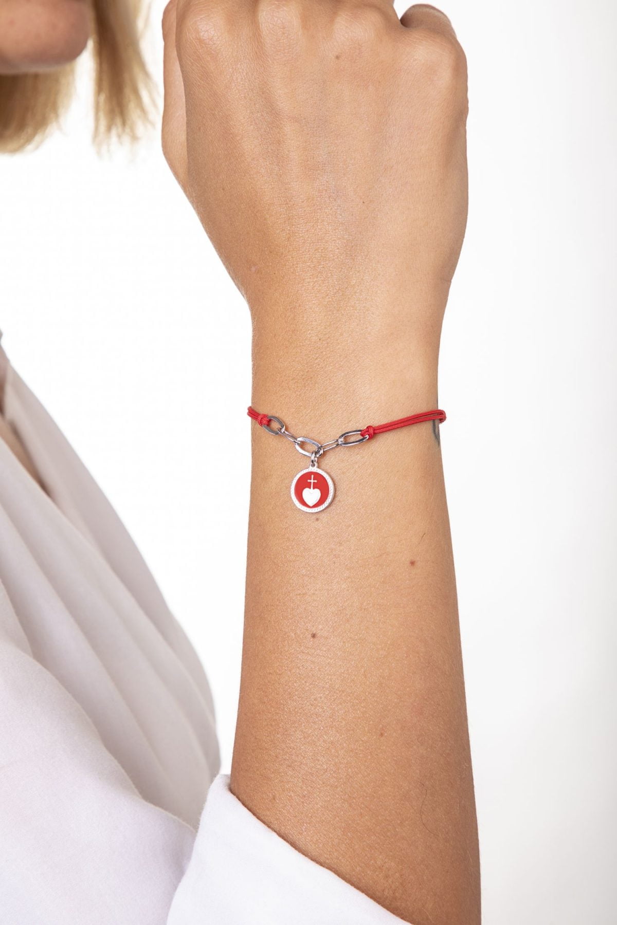 Bracciale Rosso con Croce su Cuore Rodiato