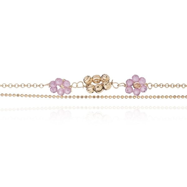 Bracciale Dorato Tre Fiori Rosa con Doppia Catena