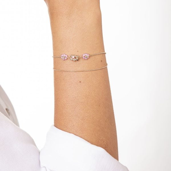 Bracciale Dorato Tre Fiori Rosa con Doppia Catena