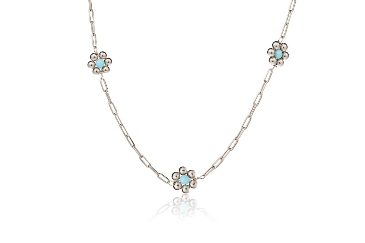 Collana Rettangolare Dorata con Tre Fiori Turchese