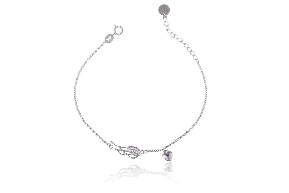 Bracciale in Argento Ali Strass e Cuore Rodiato