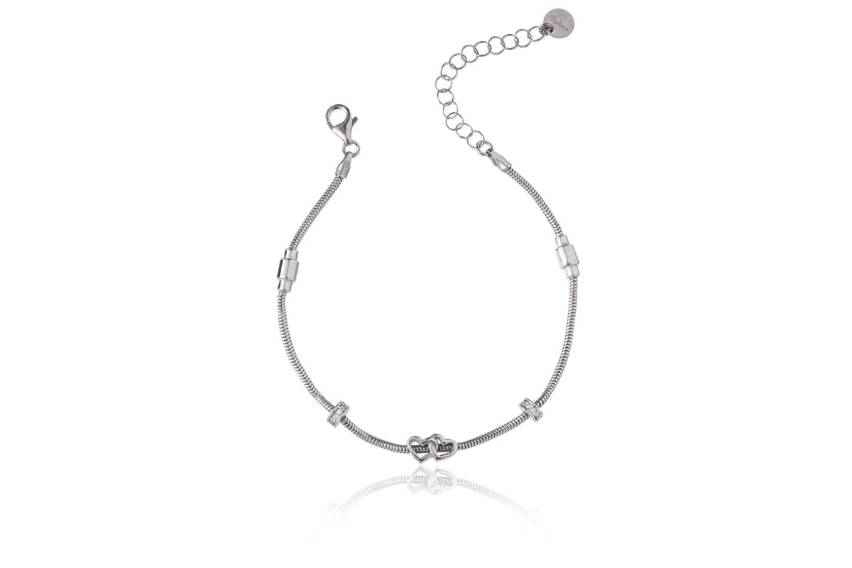 Bracciale Argento Coda di Topo Doppio Cuore Rodiato