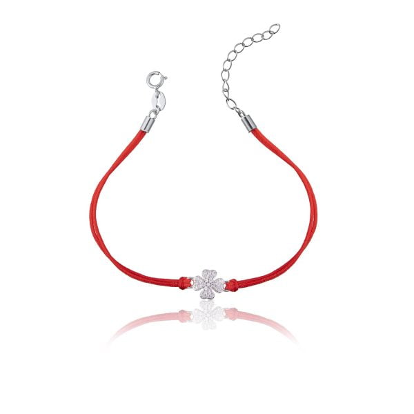 Bracciale in Argento in Corda Rosso Quadrifoglio Strass