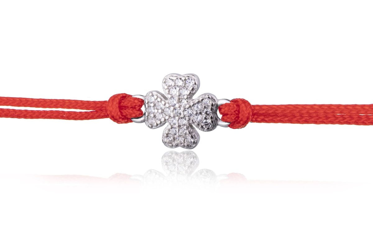 Bracciale in Argento in Corda Rosso Quadrifoglio Strass