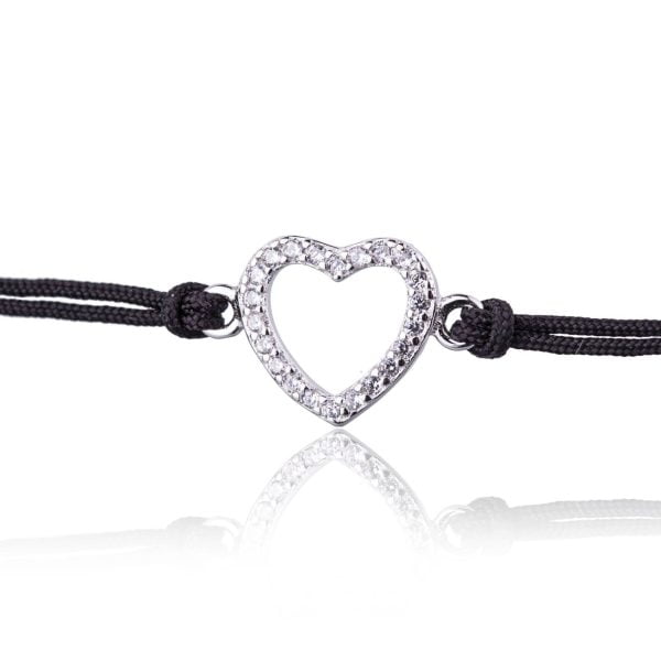 Bracciale in Argento in Corda Nero Cuori Strass