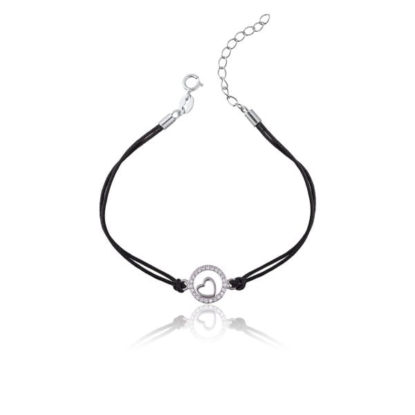 Bracciale in Argento in Corda Nero Cerchi e Cuore