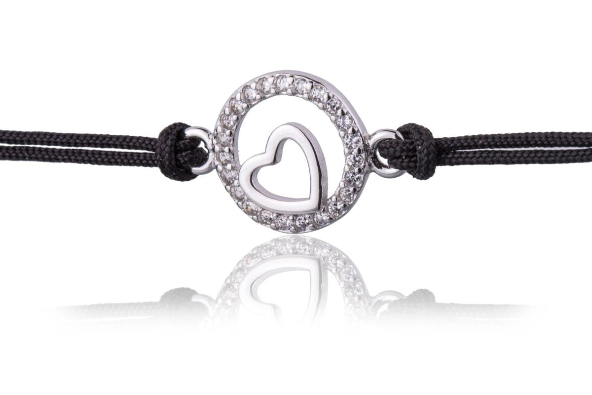 Bracciale in Argento in Corda Nero Cerchi e Cuore