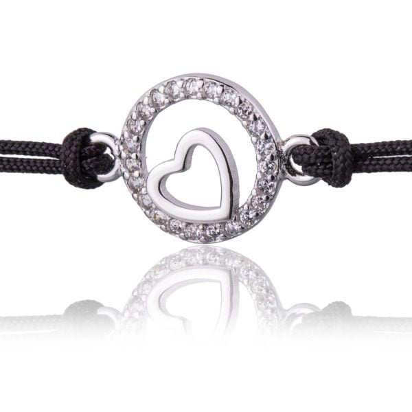 Bracciale in Argento in Corda Nero Cerchi e Cuore