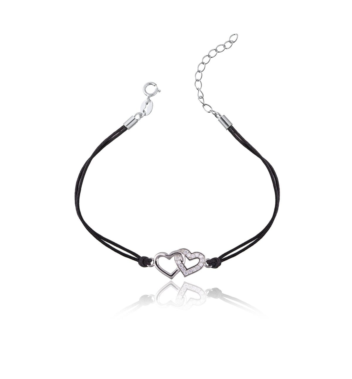 Bracciale in Argento in Corda Nero Cuore Doppio