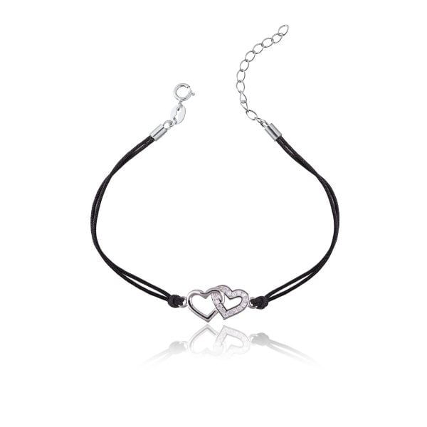 Bracciale in Argento in Corda Nero Cuore Doppio