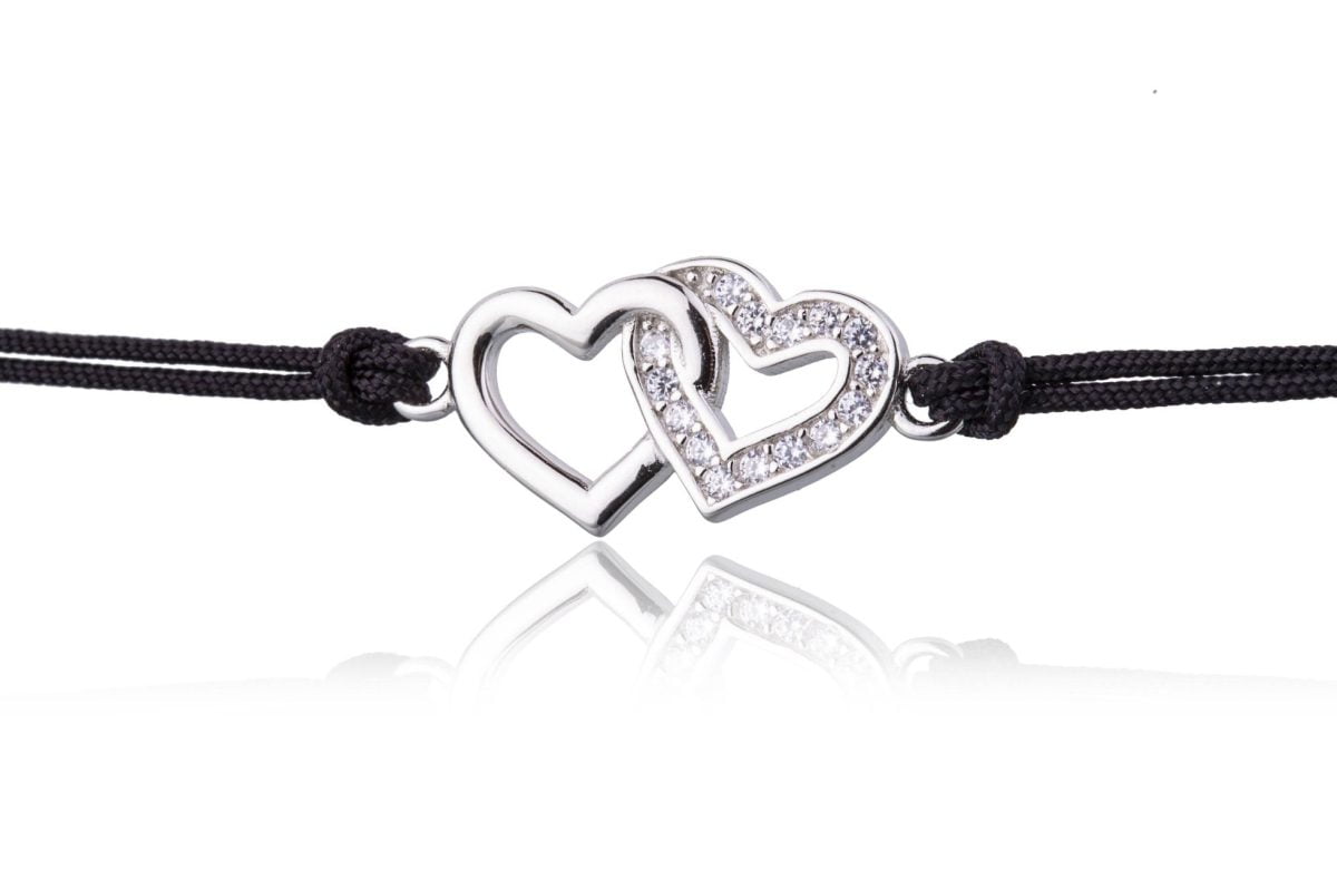 Bracciale in Argento in Corda Nero Cuore Doppio