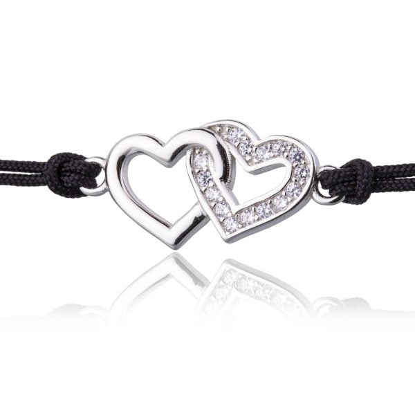 Bracciale in Argento in Corda Nero Cuore Doppio