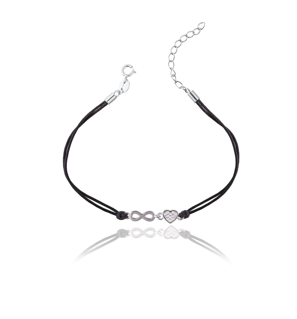 Bracciale in Argento in Corda Nero Cuore e Infinito Rodiato