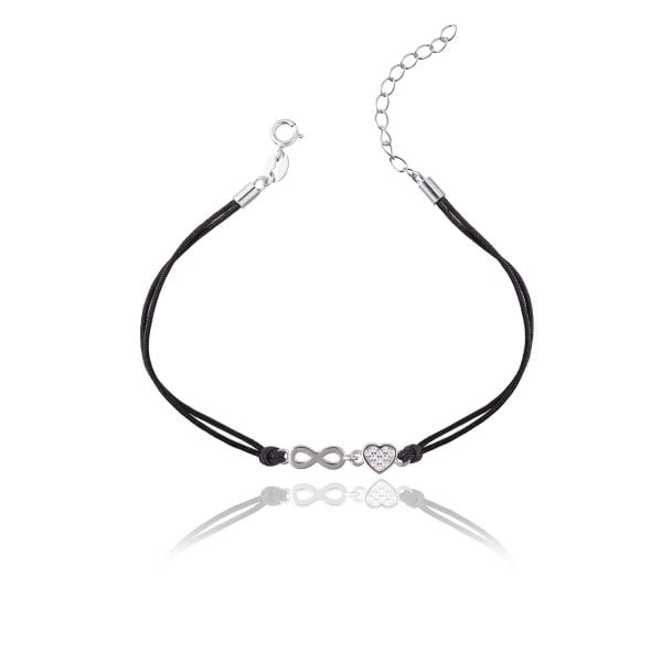 Bracciale in Argento in Corda Nero Cuore e Infinito Rodiato