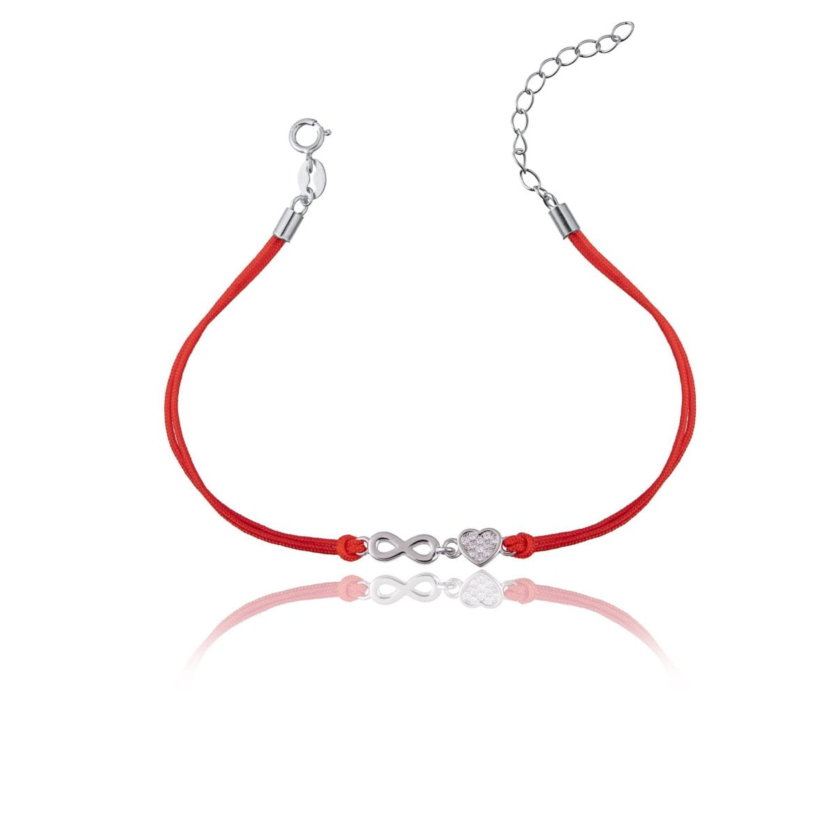 Bracciale in Argento in Corda Rosso Cuore e Infinito Rodiato