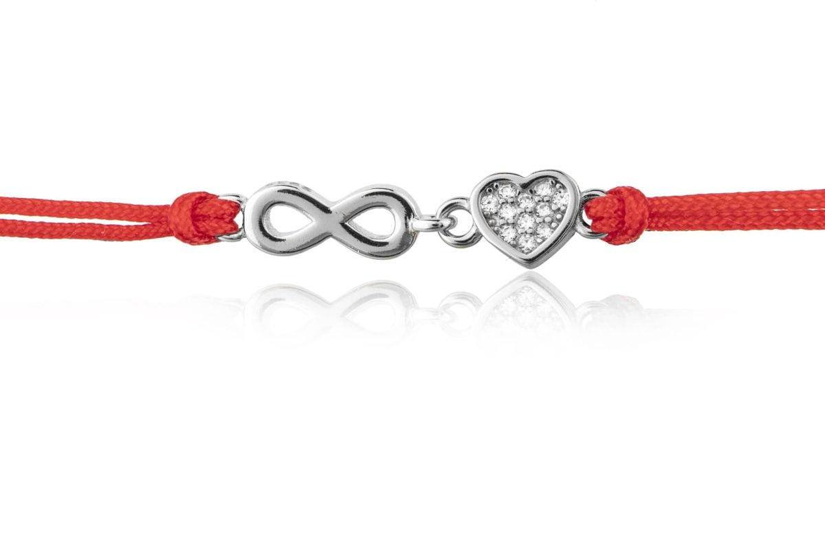 Bracciale in Argento in Corda Rosso Cuore e Infinito Rodiato