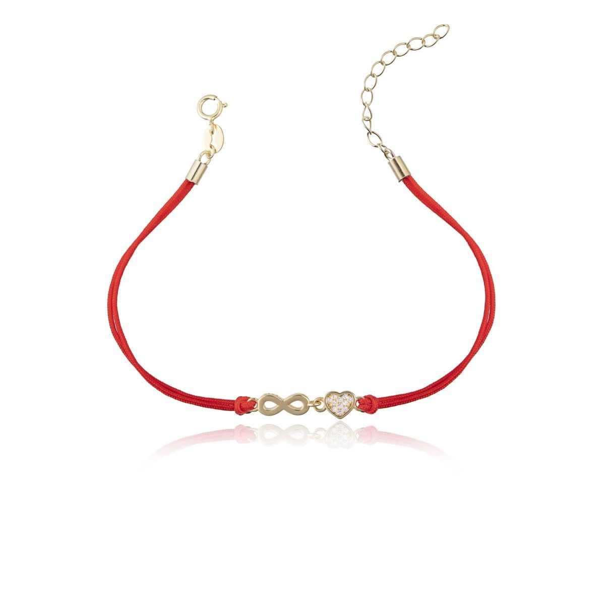 Bracciale in Argento in Corda Rosso Cuore e Infinito Dorato