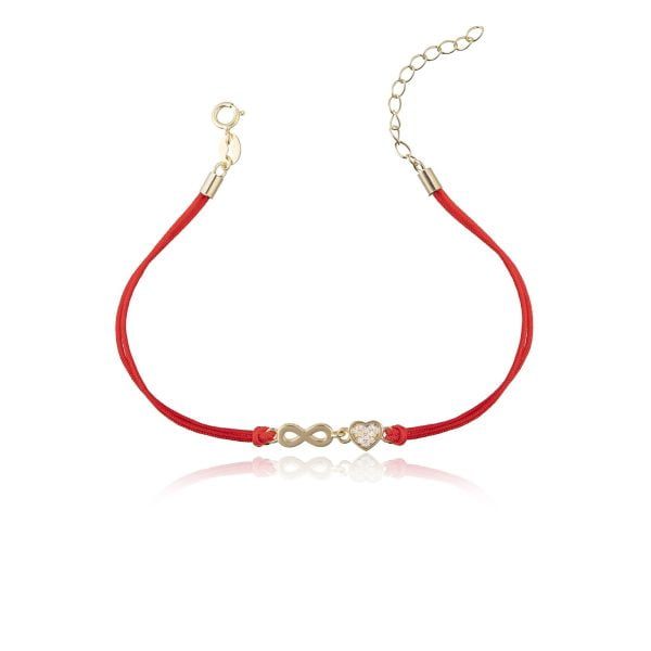 Bracciale in Argento in Corda Rosso Cuore e Infinito Dorato