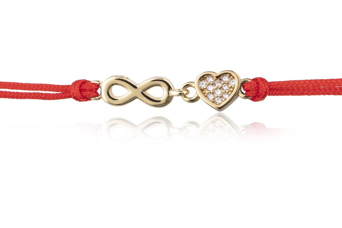 Bracciale in Argento in Corda Rosso Cuore e Infinito Dorato