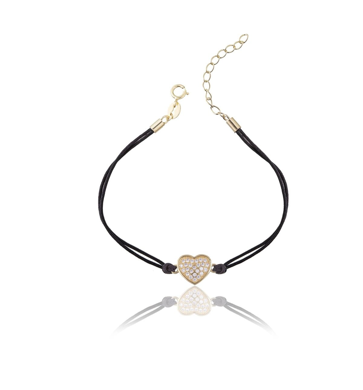 Bracciale in Argento in Corda Nero Cuore Strass Dorato