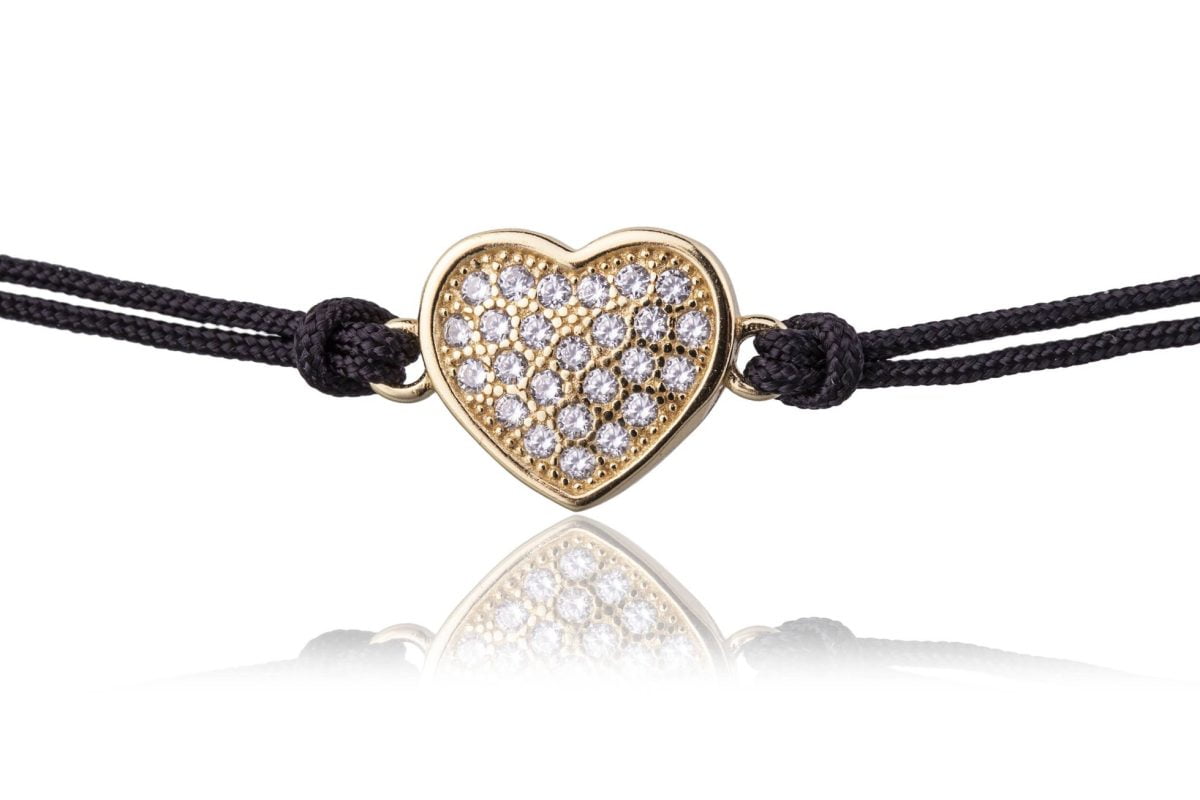 Bracciale in Argento in Corda Nero Cuore Strass Dorato