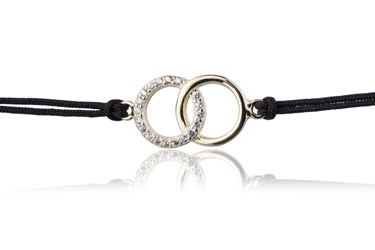 Bracciale in Argento in Corda Nero Cerchi Strass Dorato