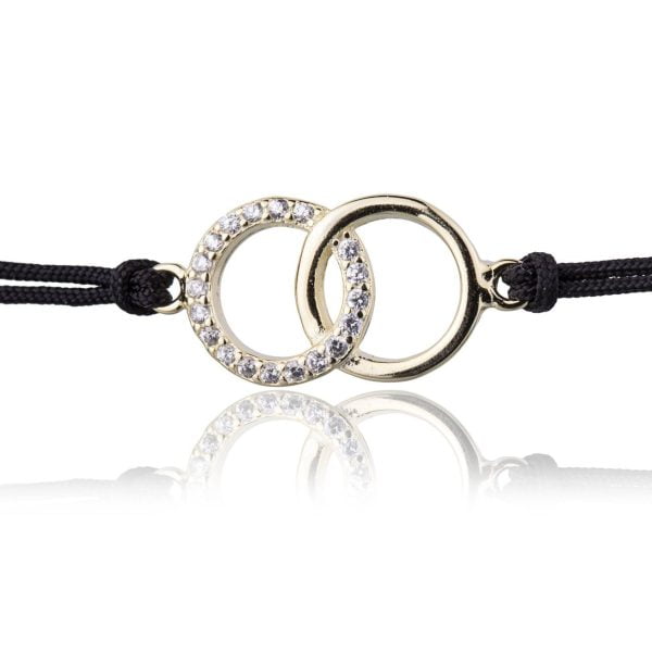 Bracciale in Argento in Corda Nero Cerchi Strass Dorato