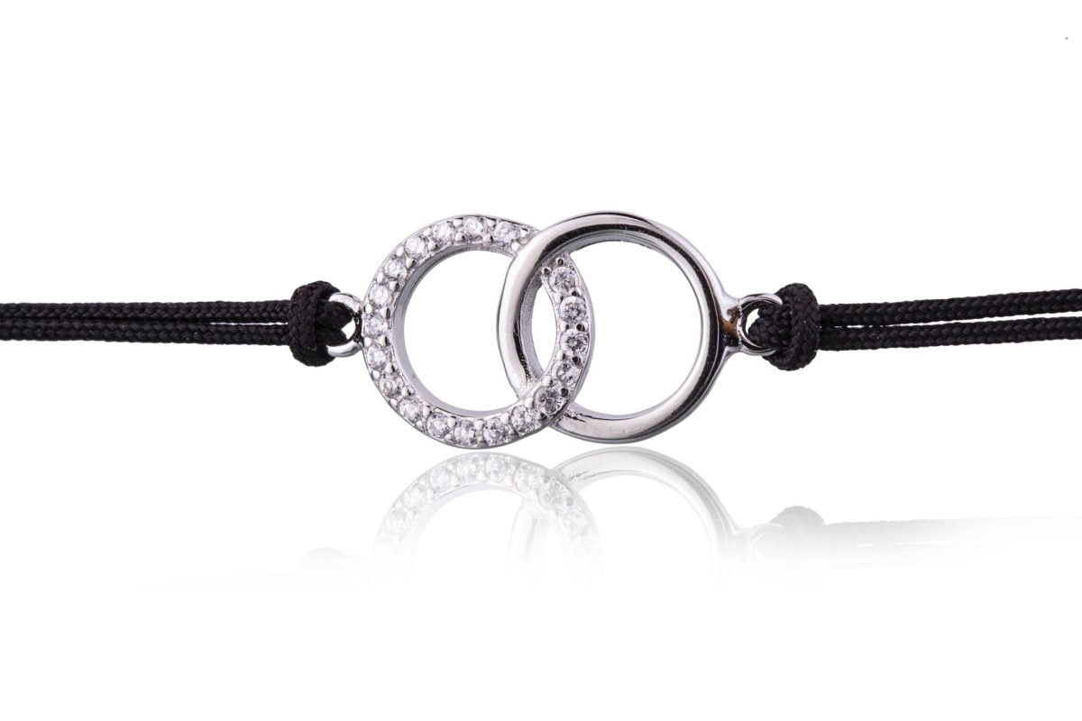 Bracciale in Argento in Corda Nero Cerchi Strass Rodiato