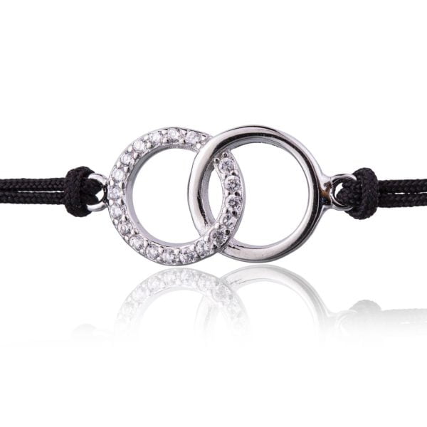 Bracciale in Argento in Corda Nero Cerchi Strass Rodiato