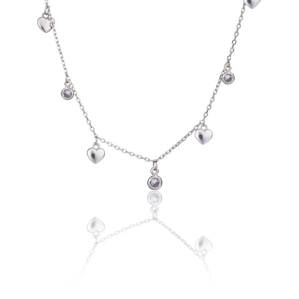 Collana in Argento Rodiata Cuore e Punti Luce Bianchi